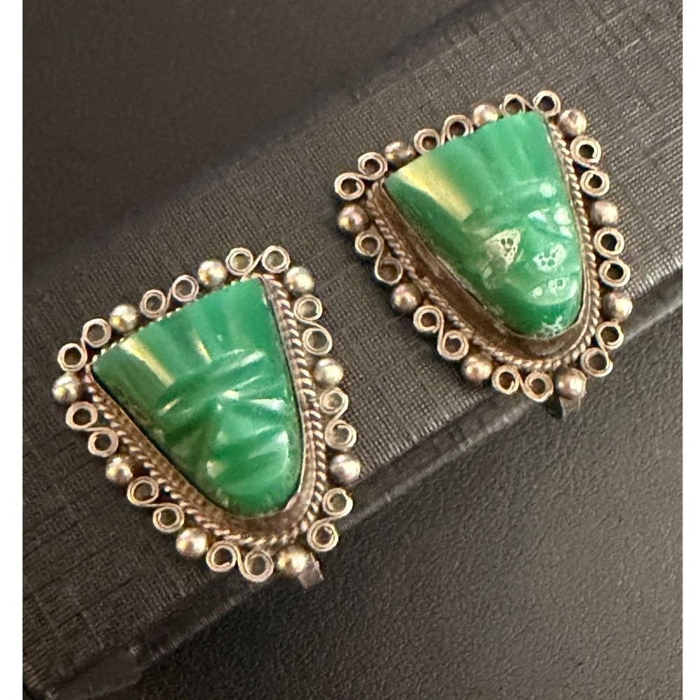 Vintage Plata Real Earrings Sterling Silver Aztec Mask Mexico Green Stone